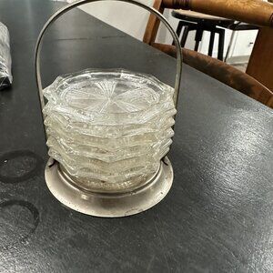 REIMS France Crystal Coasters with Original Silver Plate Caddy Set Of 6